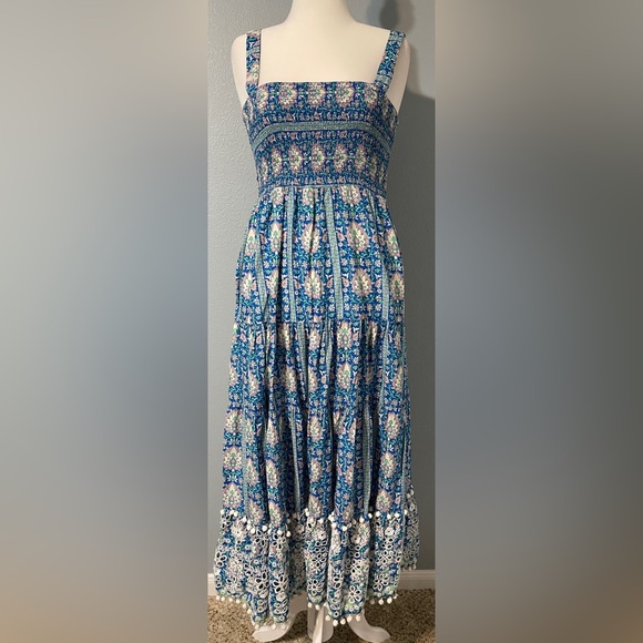 Zara Blue Floral Smocked Maxi Dress Tiered Boho Sundress Pom Poms Lace Medium - Picture 2 of 9